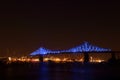 Jacques Cartier Bridge Illumination in Montreal, reflection in water. MontrealÃ¢â¬â¢s 375th anniversary. Royalty Free Stock Photo